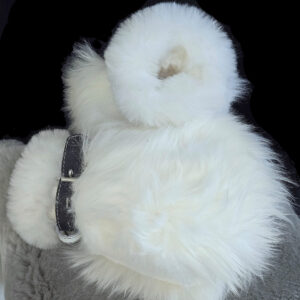 White fur fetish mittens — wrist closure detail — D&Y Furs