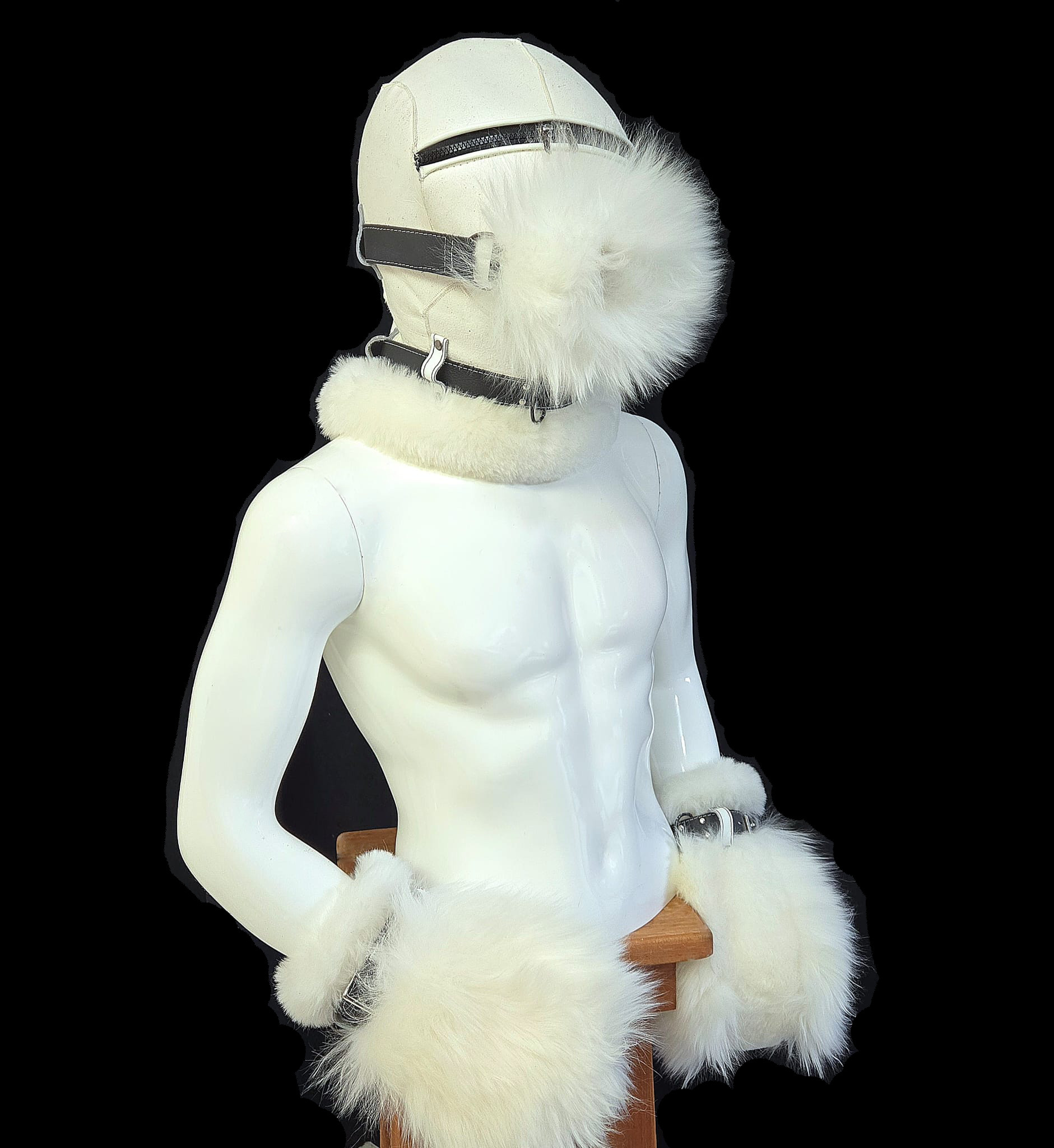 White fur bondage hood and mittens set on mannequin — leather harness with fur collar — D&Y Furs