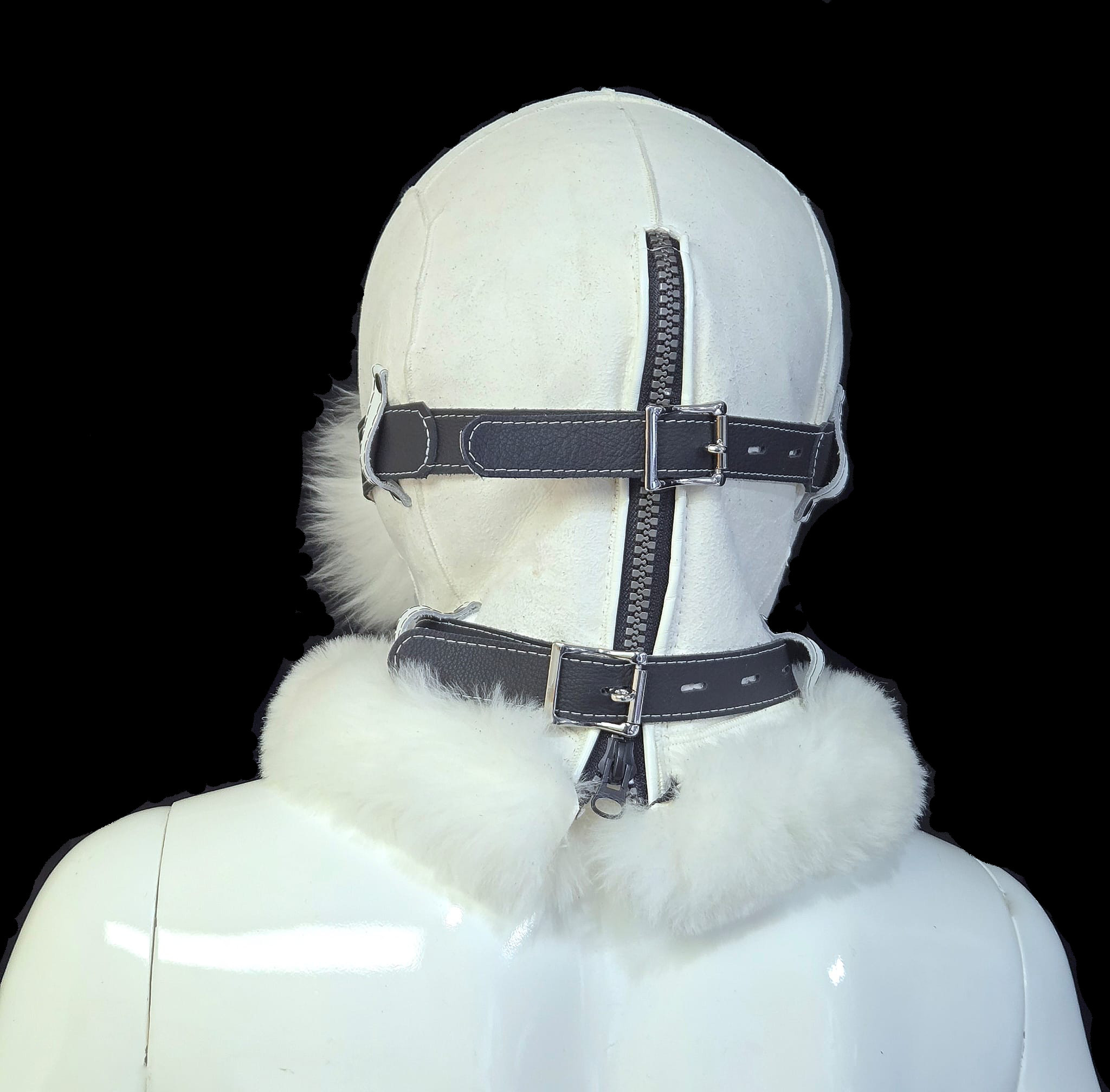 White fur bondage hood with rear buckle closures and fur collar — D&Y Furs