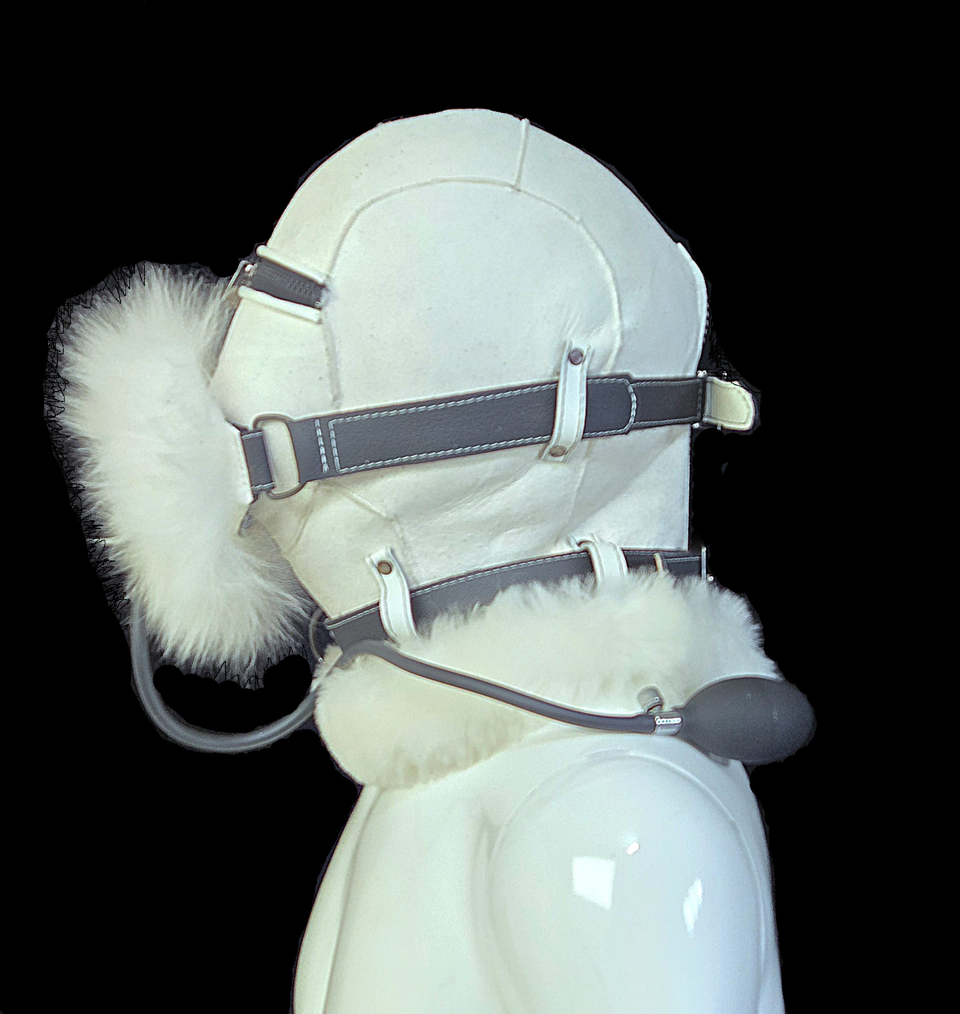White fur bondage hood with inflatable gag and leather harness — side view — D&Y Furs