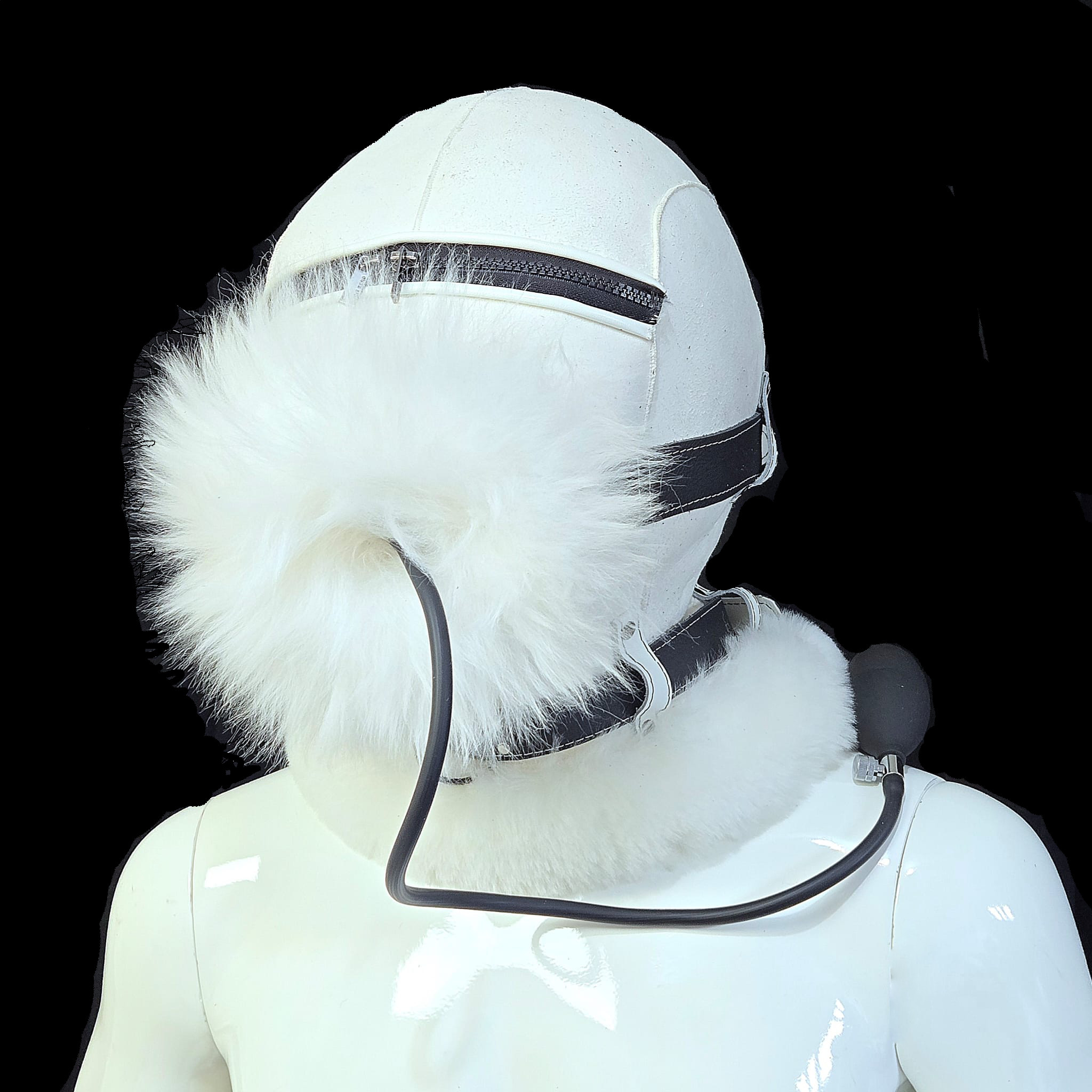 White fur bondage hood with inflatable gag and fur collar — front view — D&Y Furs