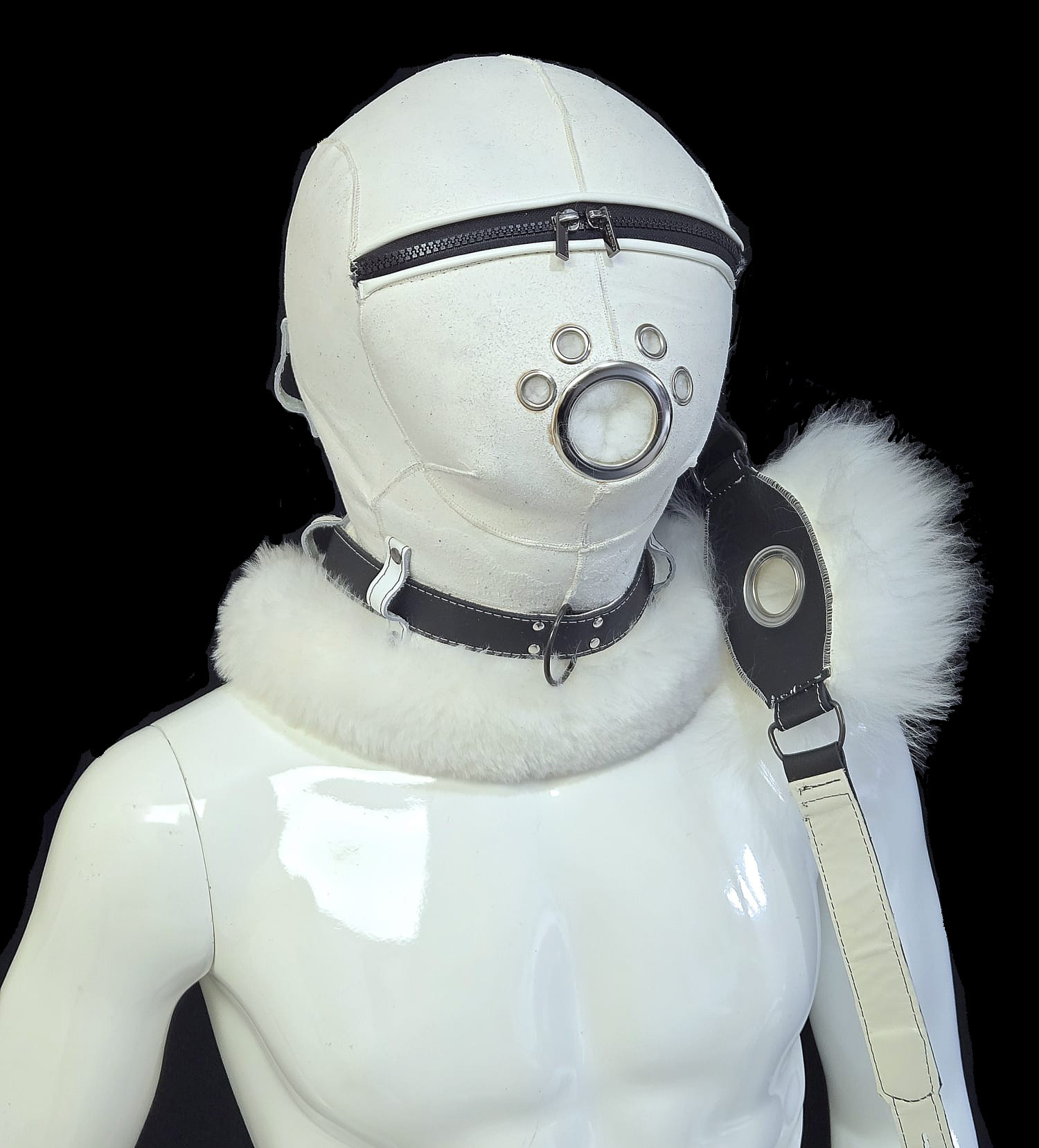 White fur bondage hood with mouth grommet opening and leather collar — D&Y Furs