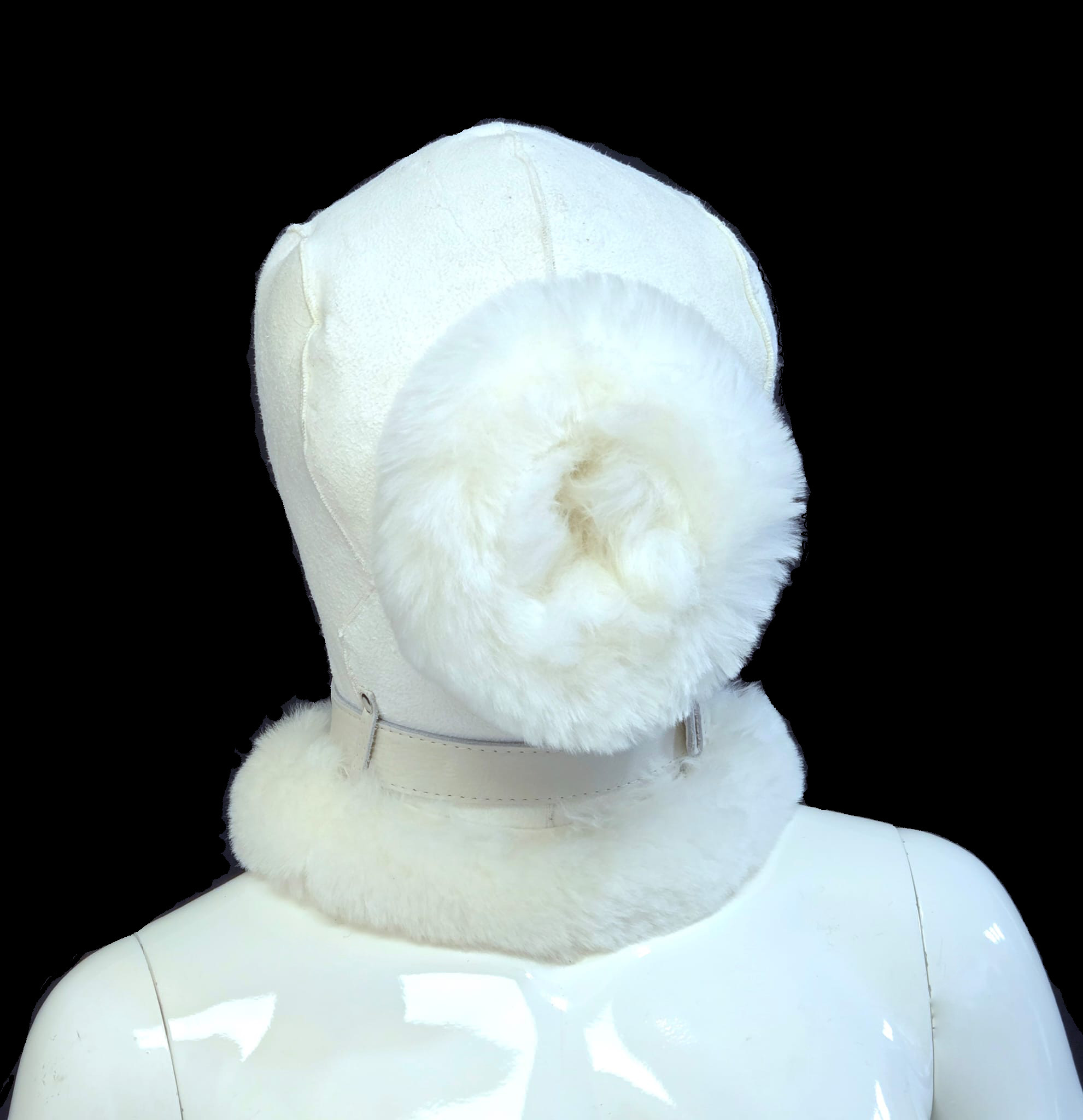White leather bondage hood with fur lining and collar — front view — D&Y Furs