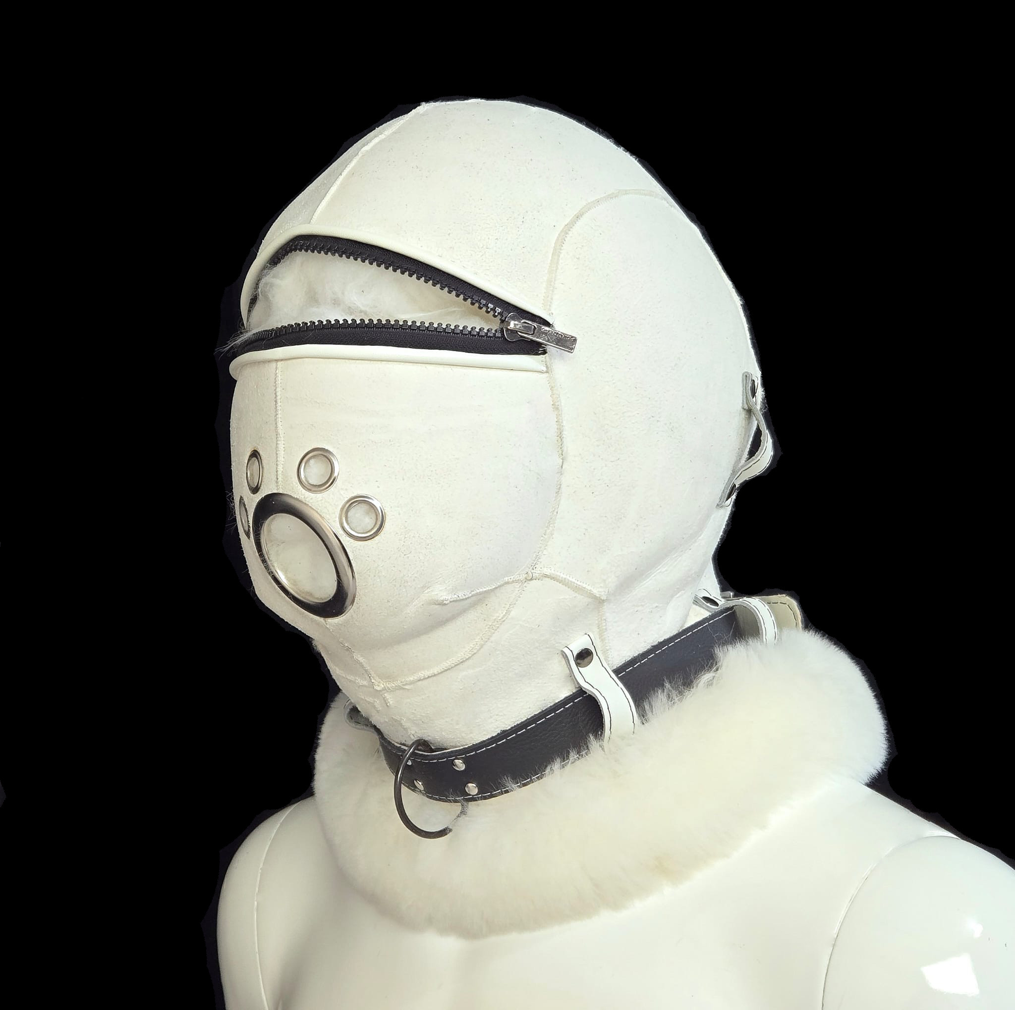White fur bondage hood with zipper blindfold and mouth grommet — three-quarter view — D&Y Furs