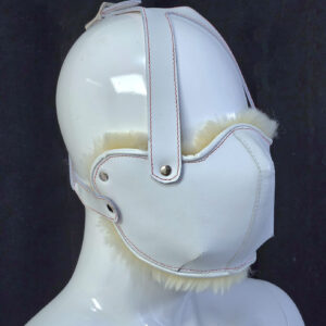 White leather fur-lined bondage mask. Red stitching — side view — D&Y Furs