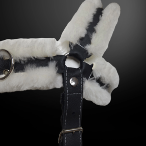 Black and white fur fetish underwear with buckle straps—D&Y Furs